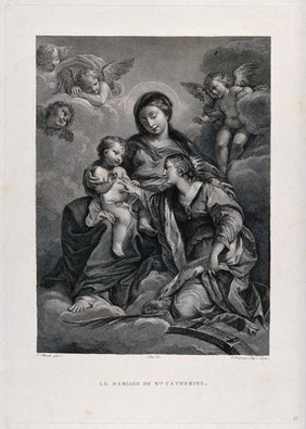 The mystic marriage of Catherine of Alexandria and the infant Christ. Engraving by J. Vendramini after Cheri after C. Maratta.