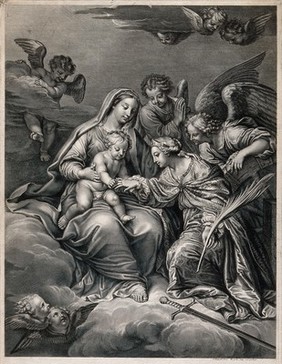 Saint Catherine of Alexandria. Engraving by de Poilly after P. Mignard.
