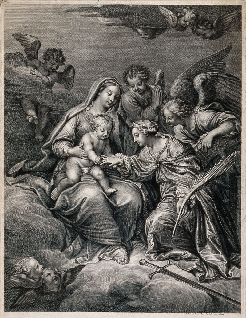 Saint Catherine of Alexandria. Engraving by de Poilly after P. Mignard., 1600-1699, by Pierre Mignard I