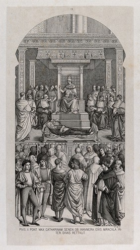 Saint Catherine of Siena: she is canonised by Pope Pius II. Etching after Pintoricchio.