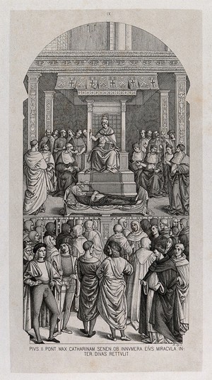 view Saint Catherine of Siena: she is canonised by Pope Pius II. Etching after Pintoricchio.