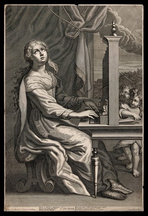 view Saint Cecilia: she plays the organ, assisted by two angels. Engraving.