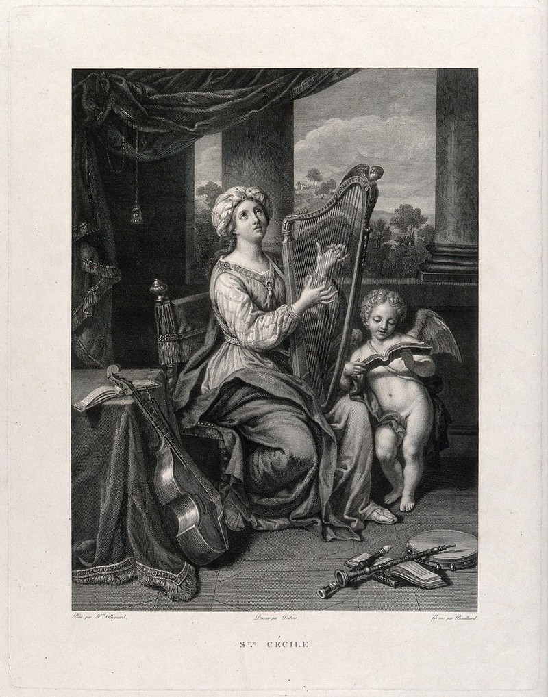 Saint Cecilia: she plays the harp, while an angel sings. Engraving
