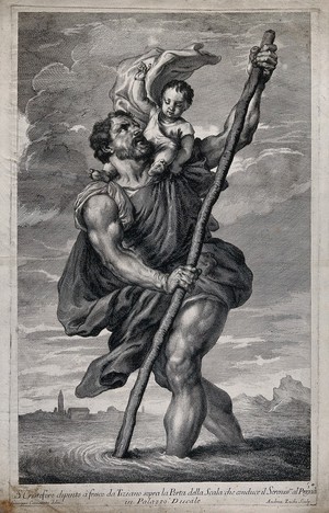 view Saint Christopher. Etching by A. Zucchi after G. Camerata after Titian.