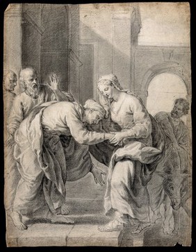 The visitation of Mary to Elizabeth. Pencil drawing.