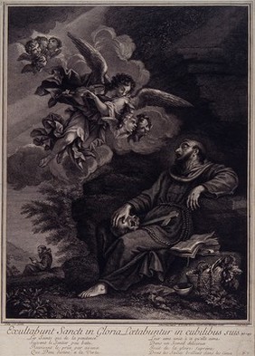 Saint Francis of Assisi: he hears music played on a violin by an angel. Engraving by S. de La Vallée after F. Lauri.