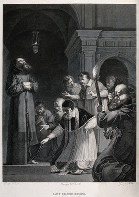 Saint Francis of Assisi. Line engraving by F. Forster after C.A. Chasselat after L. de La Hyre.