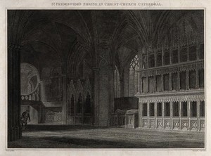 view Christ Church Cathedral, Oxford: the shrine believed to be of Saint Frideswide. Engraving by J. Skelton, 1815, after C. Wild.