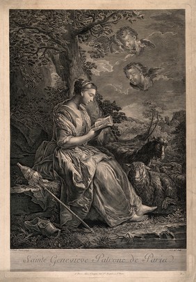 Saint Geneviève as a shepherdess, seated under a tree, reading a book with sheep at her side; three angels in the sky. Line engraving by J.J. Avril after C. van Loo.