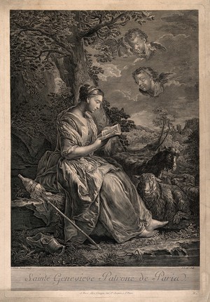 view Saint Geneviève as a shepherdess, seated under a tree, reading a book with sheep at her side; three angels in the sky. Line engraving by J.J. Avril after C. van Loo.