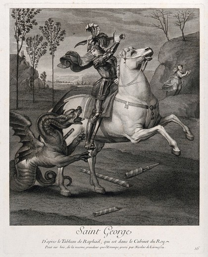 Saint George: he attacks the dragon with his sword. Engraving by N. de Larmessin after Raphael.