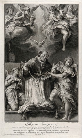 Saint Gregory the Great, wearing ecclesiastical dress and supported by two angels, is kneeling in prayer; angels above him. Engraving by J. Frey, 1733, after Annibale Carracci.