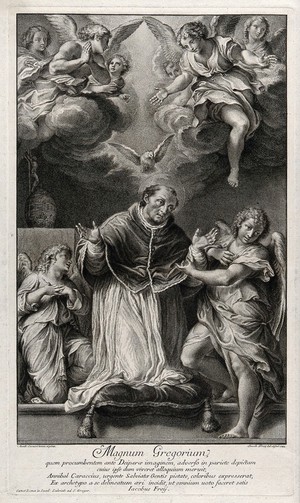 view Saint Gregory the Great, wearing ecclesiastical dress and supported by two angels, is kneeling in prayer; angels above him. Engraving by J. Frey, 1733, after Annibale Carracci.