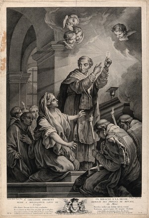 view Saint Gregory the Great: he holds up before a heretic woman the Host in which Christ crucified appears. Engraving by F. Voyez, 1769, after C. van Loo.