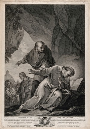 view Saint Gregory the Great: thinking himself unworthy to be Pope, he retires to a cave and studies the scriptures, but churchmen come to persuade him to return to Rome. Engraving by P.P. Moles, 1769, after C. van Loo.