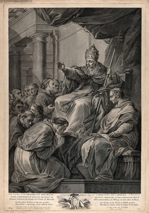 view Saint Gregory the Great: elected pope, he receives obeisance from the cardinals. Engraving by S.C. Miger, 1770, after C. van Loo.