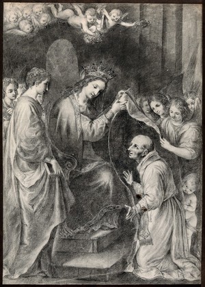 view Saint Ildephonsus: he receives the chasuble from the Virgin Mary. Pencil drawing.