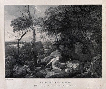 Saint Jerome. Lithograph by L.A. Assilineau after N. Poussin.