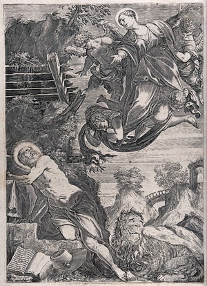 view Saint Jerome. Engraving by Agostino Carracci, 1588, after Tintoretto.