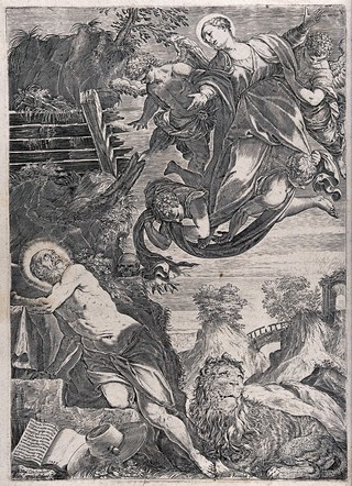 Saint Jerome. Engraving by Agostino Carracci, 1588, after Tintoretto.