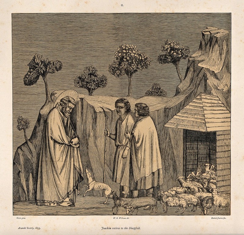 Saint Joachim. Wood engraving, 1853, by Dalziel after W.O. Williams after Giotto., 1853, by Giotto