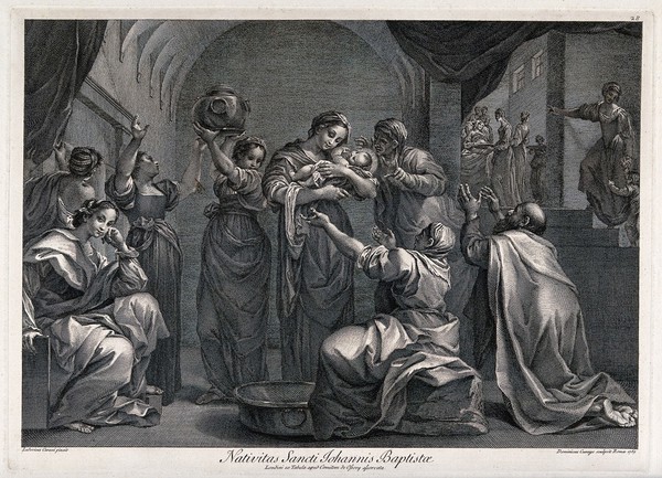 Saint John the Baptist: his birth. Engraving by D. Cunego, 1769, after L. Carracci.