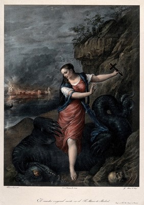 Saint Margaret. Coloured lithograph by G. Sensi y Baldachi after Titian.