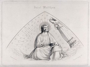 view Saint Matthew writing his gospel, accompanied by an angel. Engraving by F. Vernon, 1851, after L. Kupelwieser after Fra Angelico.