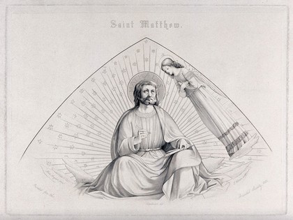 Saint Matthew writing his gospel, accompanied by an angel. Engraving by F. Vernon, 1851, after L. Kupelwieser after Fra Angelico.