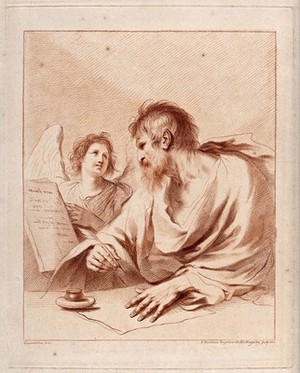 view Saint Matthew: with the aid of an angel he writes his gospel. Stipple engraving by F. Bartolozzi, 1770, after G.F. Barbieri, il Guercino.