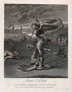 Saint Michael the Archangel. Engraving by C. Duflos the elder, 1729, after Raphael.