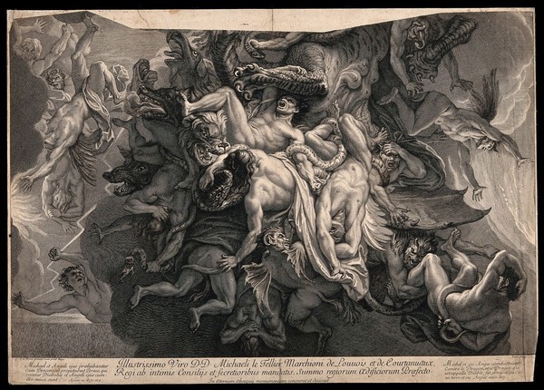 Saint Michael the Archangel: the fall of the dragon and the rebel angels defeated by St Michael. Engraving by N.P. Loir after C. Lebrun.