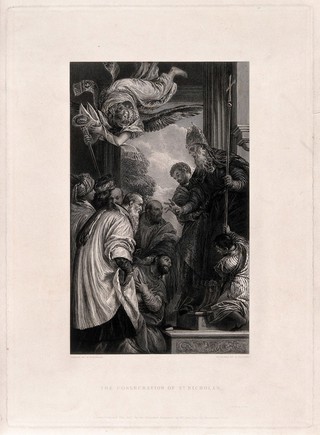 Saint Nicholas of Myra and Bari: his recognition as archbishop elect of Myra. Engraving by R. Golding, 1837, after P. Caliari, il Veronese.