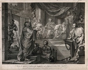 view Saint Paul: with his hands in chains, he pleads his case at Caesarea before the Roman procurator of Judea, Antonius Felix. Engraving by W. Hogarth after himself, 1752.