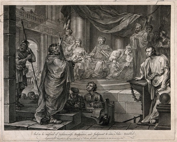 Saint Paul: with his hands in chains, he pleads his case at Caesarea before the Roman procurator of Judea, Antonius Felix. Engraving by W. Hogarth after himself, 1752.