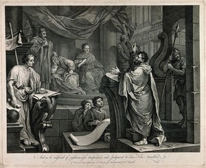 view Saint Paul: with his hands in chains, he pleads his case at Caesarea before the Roman procurator of Judea, Antonius Felix. Engraving by L. Sullivan after W. Hogarth.