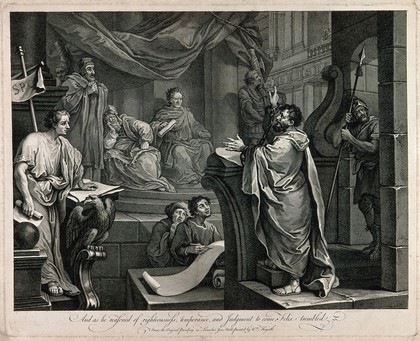 Saint Paul: with his hands in chains, he pleads his case at Caesarea before the Roman procurator of Judea, Antonius Felix. Engraving by L. Sullivan after W. Hogarth.