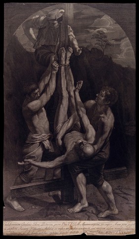 Martyrdom of Saint Peter. Engraving by C. Tinti after G. Reni.