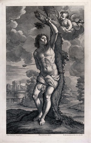 view Martyrdom of Saint Sebastian. Engraving by G.A. Lorenzini after F. Petrucci after G.F. Barbieri, il Guercino.