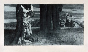 view Martyrdom of Saint Sebastian. Colour etching by M. Dasio, 1893.