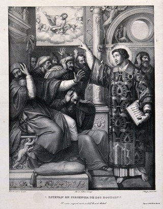 Saint Stephen, the first martyr. Lithograph by P. Guglielmi after Masip (Juan de Juanes).