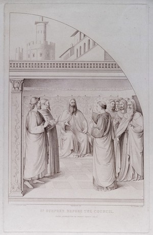 view Saint Stephen, the first martyr. Engraving by E.E. Schäffer, 1850-51, after L. Kupelwieser after Fra Angelico.