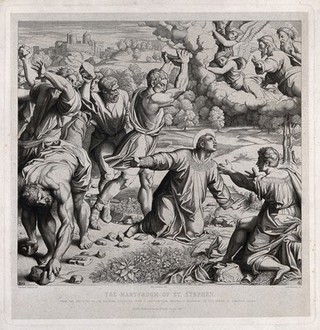 Martyrdom of Saint Stephen, the first martyr. Engraving by W.H.L. Grüner, 1867, after N. Consoni after Raphael.