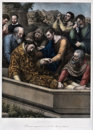 view Burial of Saint Stephen, the first martyr. Coloured lithograph by R. Amerigo after Masip (Juan de Juanes).