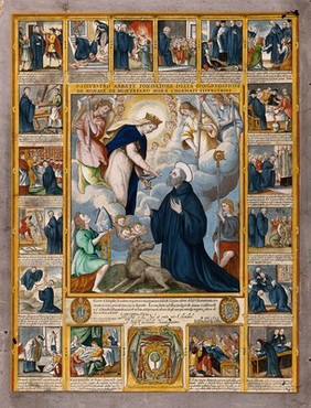 Saint Silvester Gozzolini: he receives communion from the Virgin (centre); his miracles (border around). Coloured engraving by G. Lauro, 1603, after D. Fortunato Muzio.