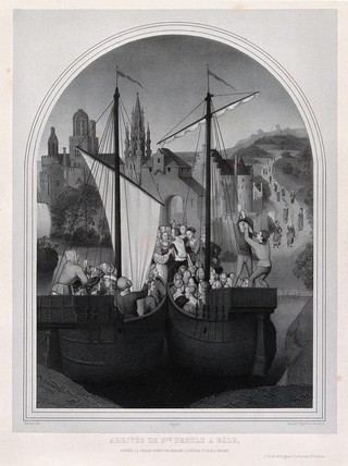 Saint Ursula arriving at Basel. Lithograph by E. Manche after H. Memlinc.