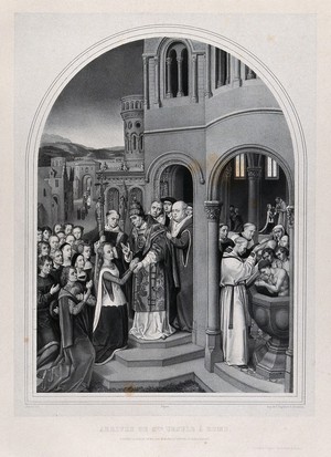 view Saint Ursula arriving in Rome. Lithograph by E. Manche after H. Memlinc.