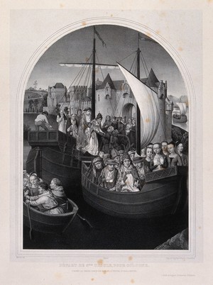 view Saint Ursula embarks in Rome to go to Cologne. Lithograph by E. Manche after H. Memlinc.