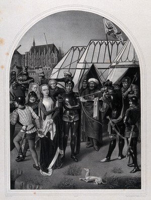 view The martyrdom of Saint Ursula. Lithograph by L.J. Ghémar after H. Memlinc.