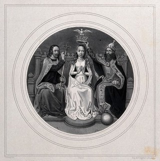 Jesus and God crowning Saint Ursula. Lithograph by L.J. Ghémar after H. Memlinc.